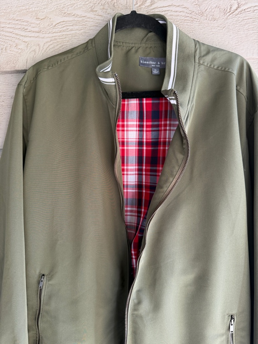 bleecker & broad Olive Green Bomber Jacket with Striped Trim